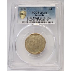 AUSTRALIA 2000 . ONE 1 DOLLAR COIN . ERROR . MULE . STRUCK ON TEN 10 CENTS